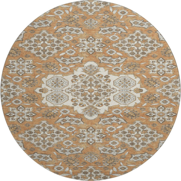 HomeRoots 8' Washable Round Rug with Terra Cotta & Beige Floral Medallion - UV Protection & Stain Resistant! 705884