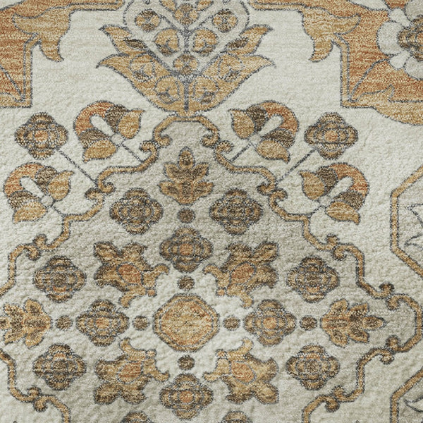 HomeRoots 8' Washable Round Rug with Terra Cotta & Beige Floral Medallion - UV Protection & Stain Resistant! 705884
