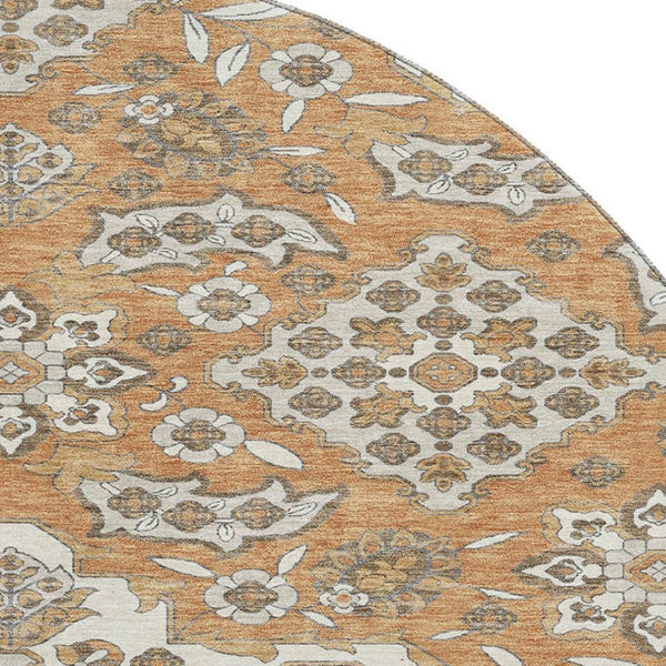 HomeRoots 8' Washable Round Rug with Terra Cotta & Beige Floral Medallion - UV Protection & Stain Resistant! 705884