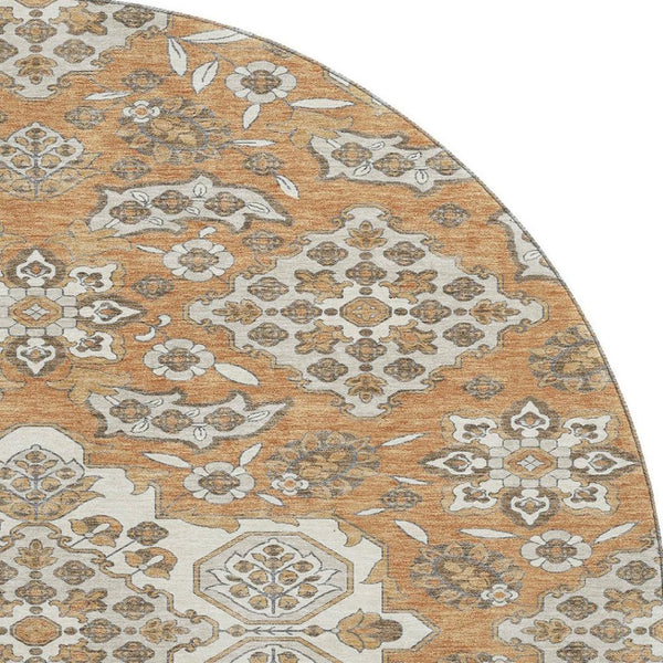 HomeRoots 8' Washable Round Rug with Terra Cotta & Beige Floral Medallion - UV Protection & Stain Resistant! 705884