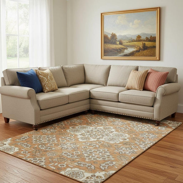 HomeRoots 8' X 10' Terra Cotta and Beige Floral Medallion Area Rug – Washable, UV Protected, Durable Design 705885