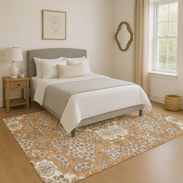 HomeRoots 8' X 10' Terra Cotta and Beige Floral Medallion Area Rug – Washable, UV Protected, Durable Design 705885