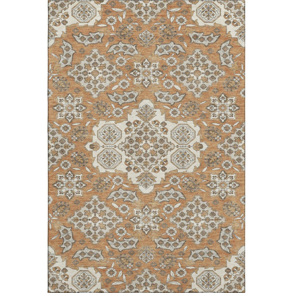 HomeRoots 8' X 10' Terra Cotta and Beige Floral Medallion Area Rug – Washable, UV Protected, Durable Design 705885