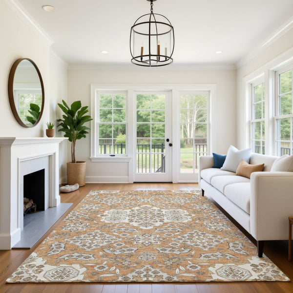 HomeRoots 8' X 10' Terra Cotta and Beige Floral Medallion Area Rug – Washable, UV Protected, Durable Design 705885