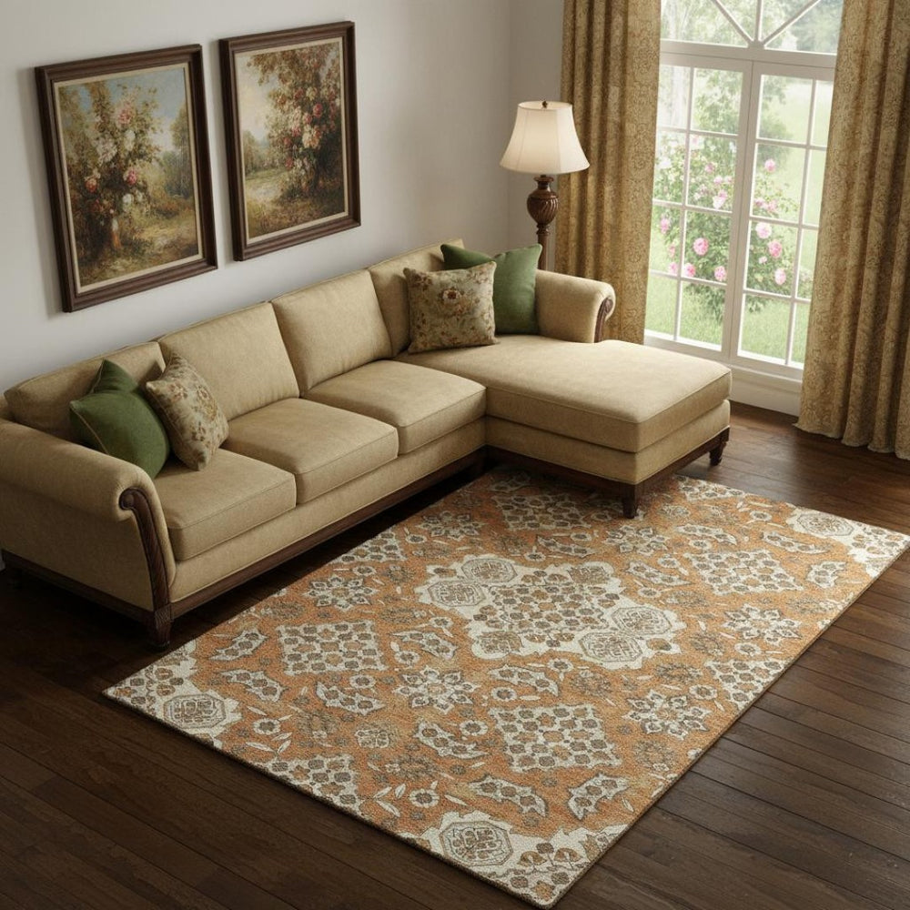 HomeRoots 9' X 12' Floral Medallion Area Rug in Terra Cotta & Beige - Washable, UV Protected, & Durable Design 705886