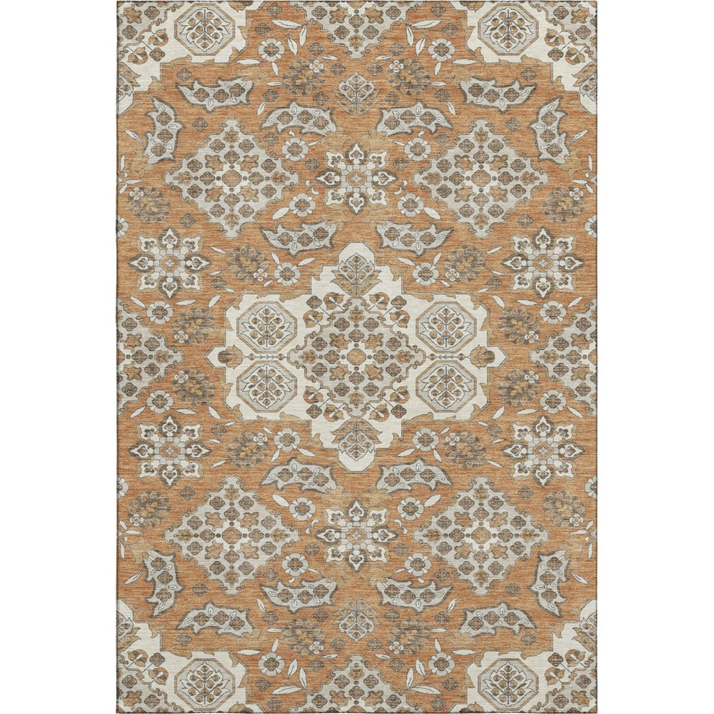 HomeRoots 9' X 12' Floral Medallion Area Rug in Terra Cotta & Beige - Washable, UV Protected, & Durable Design 705886