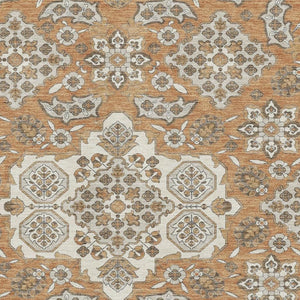HomeRoots 9' X 12' Floral Medallion Area Rug in Terra Cotta & Beige - Washable, UV Protected, & Durable Design 705886
