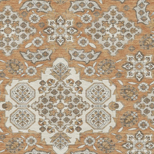 HomeRoots 9' X 12' Floral Medallion Area Rug in Terra Cotta & Beige - Washable, UV Protected, & Durable Design 705886