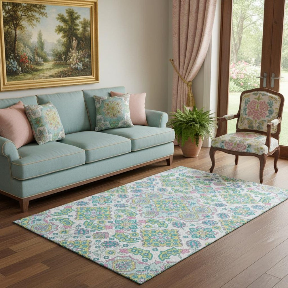 HomeRoots 5' X 8' Floral Medallion Area Rug - Soft, Washable, UV Protected, Perfect for Homes with Kids & Pets! 705889