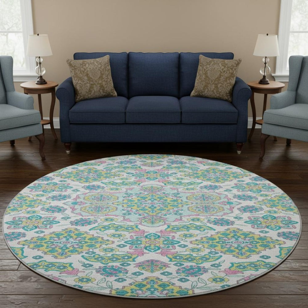 HomeRoots 8' Washable Round Rug with Floral Medallion Design - UV Protected, Durable, Family-Friendly Style 705890