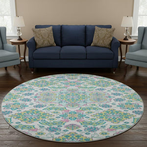 HomeRoots 8' Washable Round Rug with Floral Medallion Design - UV Protected, Durable, Family-Friendly Style 705890