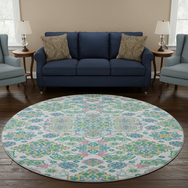 HomeRoots 8' Washable Round Rug with Floral Medallion Design - UV Protected, Durable, Family-Friendly Style 705890