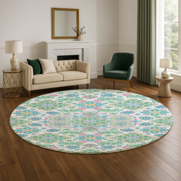 HomeRoots 8' Washable Round Rug with Floral Medallion Design - UV Protected, Durable, Family-Friendly Style 705890