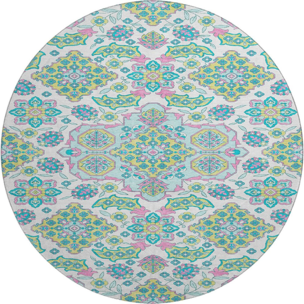 HomeRoots 8' Washable Round Rug with Floral Medallion Design - UV Protected, Durable, Family-Friendly Style 705890