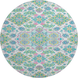 HomeRoots 8' Washable Round Rug with Floral Medallion Design - UV Protected, Durable, Family-Friendly Style 705890