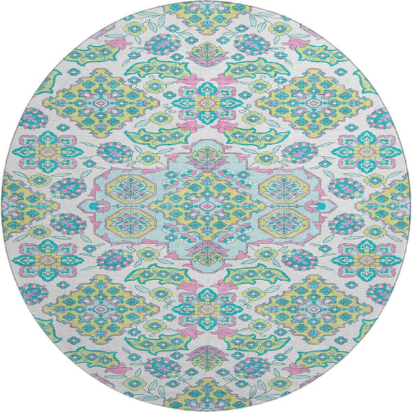 HomeRoots 8' Washable Round Rug with Floral Medallion Design - UV Protected, Durable, Family-Friendly Style 705890