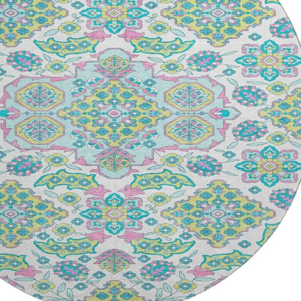 HomeRoots 8' Washable Round Rug with Floral Medallion Design - UV Protected, Durable, Family-Friendly Style 705890