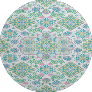 HomeRoots 8' Washable Round Rug with Floral Medallion Design - UV Protected, Durable, Family-Friendly Style 705890
