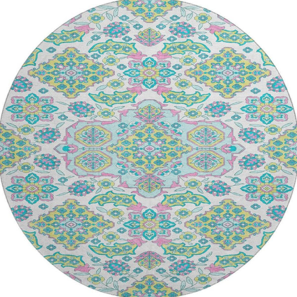 HomeRoots 8' Washable Round Rug with Floral Medallion Design - UV Protected, Durable, Family-Friendly Style 705890