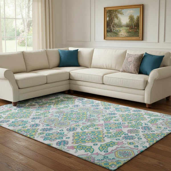 HomeRoots 8' X 10' Washable Floral Medallion Area Rug – Stain-Resistant, UV-Protected, Family-Friendly Decor 705891