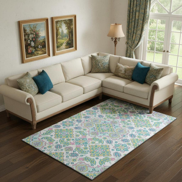 HomeRoots 9' Floral Medallion Area Rug – Washable White, Green & Pink Design with UV Protection for Durability 705892