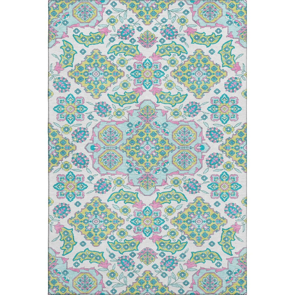 HomeRoots 9' Floral Medallion Area Rug – Washable White, Green & Pink Design with UV Protection for Durability 705892