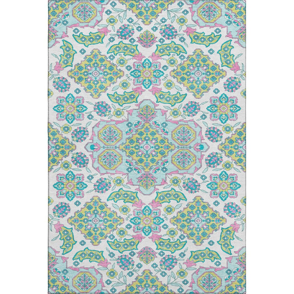 HomeRoots 9' Floral Medallion Area Rug – Washable White, Green & Pink Design with UV Protection for Durability 705892