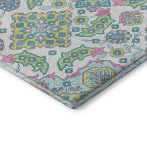 HomeRoots 9' Floral Medallion Area Rug – Washable White, Green & Pink Design with UV Protection for Durability 705892