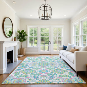 HomeRoots 9' Floral Medallion Area Rug – Washable White, Green & Pink Design with UV Protection for Durability 705892