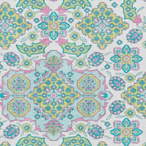 HomeRoots 9' Floral Medallion Area Rug – Washable White, Green & Pink Design with UV Protection for Durability 705892