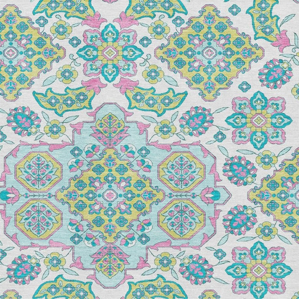 HomeRoots 9' Floral Medallion Area Rug – Washable White, Green & Pink Design with UV Protection for Durability 705892