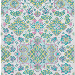 HomeRoots 9' Floral Medallion Area Rug – Washable White, Green & Pink Design with UV Protection for Durability 705892