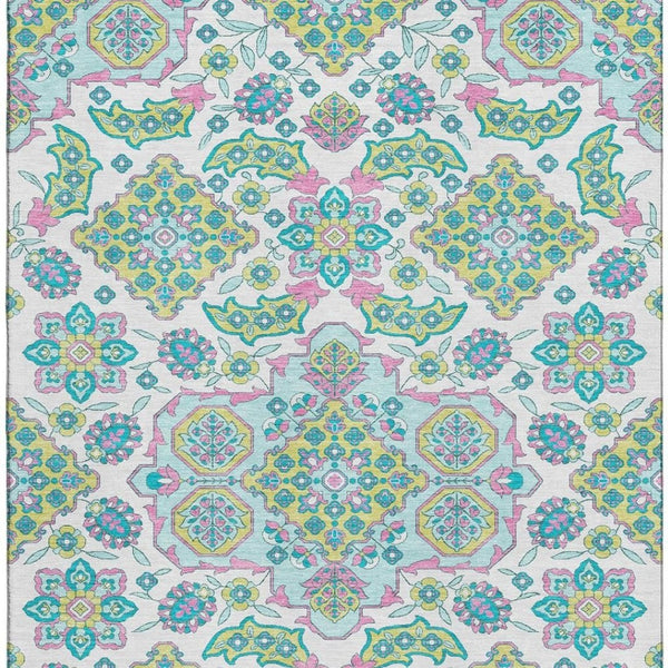 HomeRoots 9' Floral Medallion Area Rug – Washable White, Green & Pink Design with UV Protection for Durability 705892