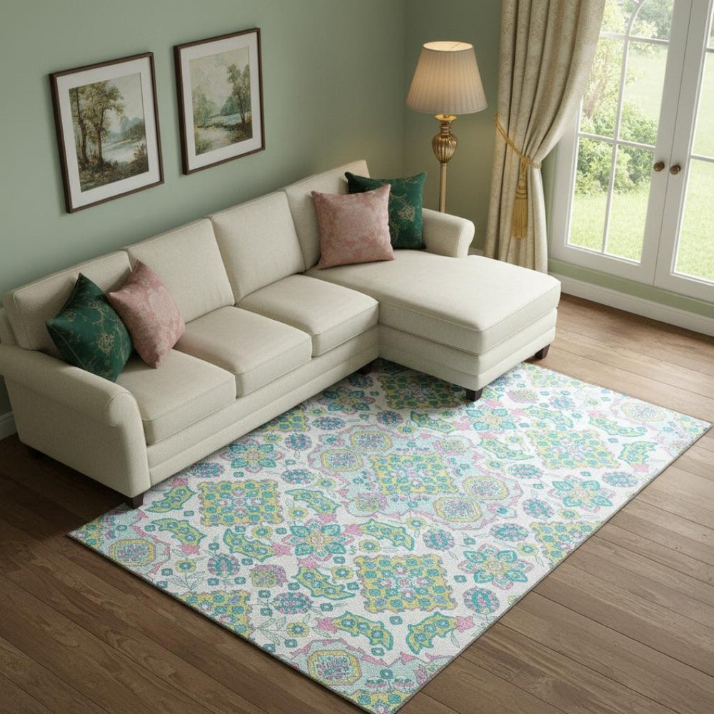 HomeRoots 10' X 14' Washable Floral Medallion Area Rug - Soft White with Green & Pink Design, UV Protected! 705893