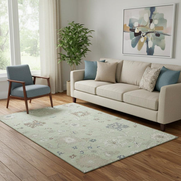 HomeRoots 5' Transitional Floral Area Rug in Artichoke Green, Brown & Blue - Washable, UV Protected & Durable 705895