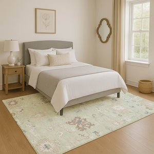 HomeRoots 5' Transitional Floral Area Rug in Artichoke Green, Brown & Blue - Washable, UV Protected & Durable 705895