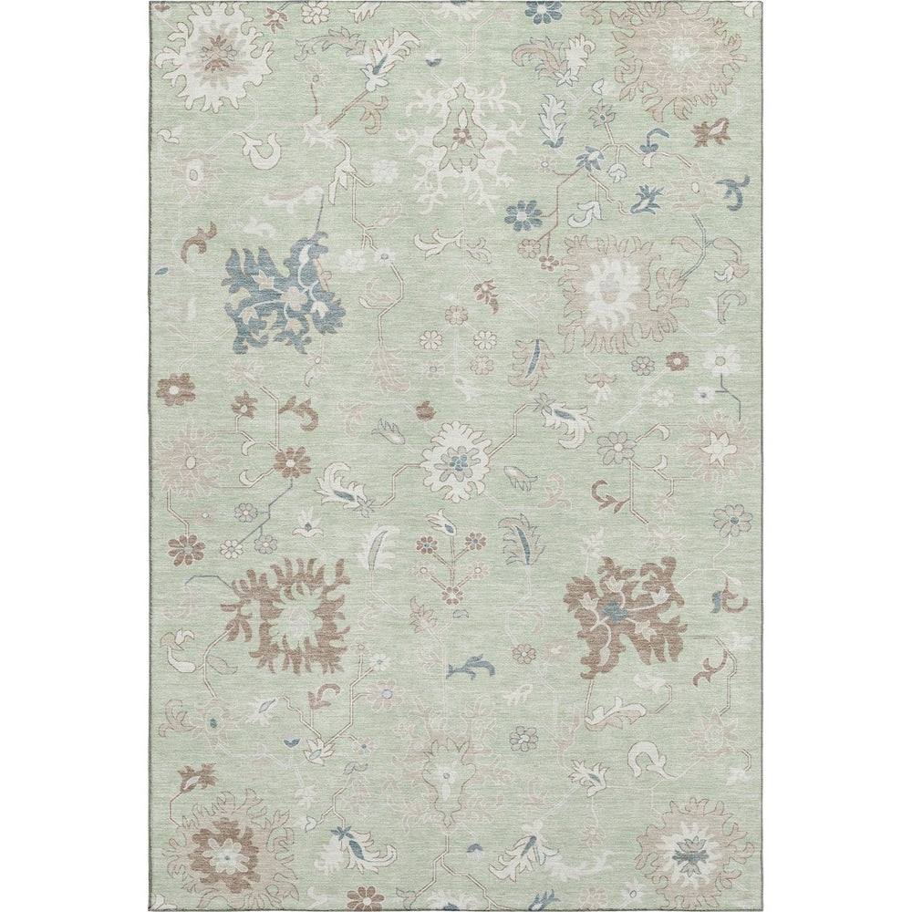 HomeRoots 5' Transitional Floral Area Rug in Artichoke Green, Brown & Blue - Washable, UV Protected & Durable 705895