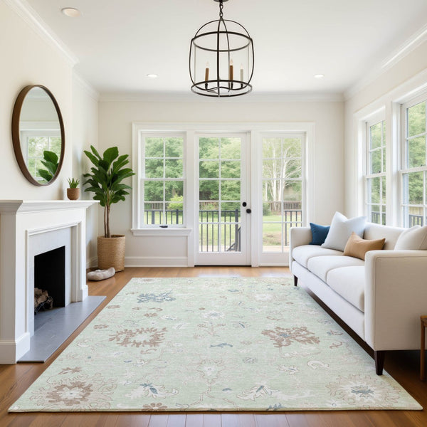 HomeRoots 5' Transitional Floral Area Rug in Artichoke Green, Brown & Blue - Washable, UV Protected & Durable 705895