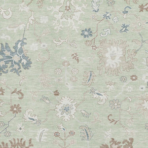 HomeRoots 5' Transitional Floral Area Rug in Artichoke Green, Brown & Blue - Washable, UV Protected & Durable 705895