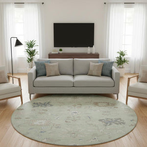 HomeRoots 8' Floral Artichoke Green, Brown & Blue Washable Round Rug - UV Protected, Stain Resistant & Stylish 705896