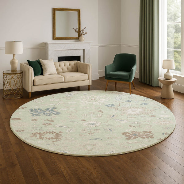 HomeRoots 8' Floral Artichoke Green, Brown & Blue Washable Round Rug - UV Protected, Stain Resistant & Stylish 705896