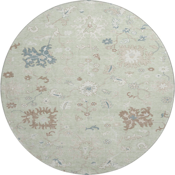 HomeRoots 8' Floral Artichoke Green, Brown & Blue Washable Round Rug - UV Protected, Stain Resistant & Stylish 705896