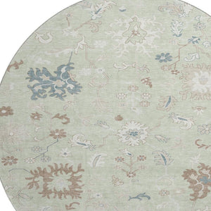HomeRoots 8' Floral Artichoke Green, Brown & Blue Washable Round Rug - UV Protected, Stain Resistant & Stylish 705896