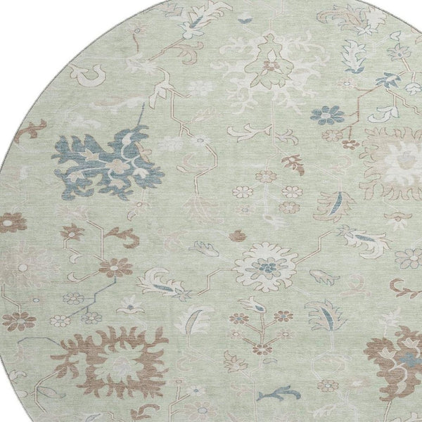 HomeRoots 8' Floral Artichoke Green, Brown & Blue Washable Round Rug - UV Protected, Stain Resistant & Stylish 705896