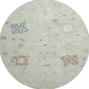 HomeRoots 8' Floral Artichoke Green, Brown & Blue Washable Round Rug - UV Protected, Stain Resistant & Stylish 705896