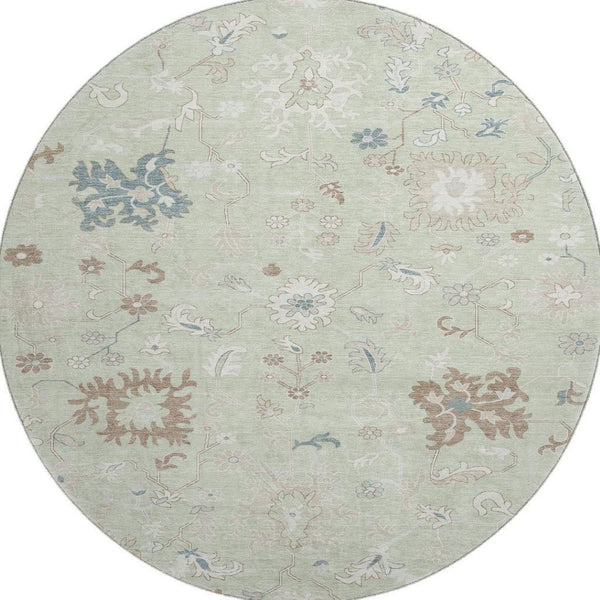 HomeRoots 8' Floral Artichoke Green, Brown & Blue Washable Round Rug - UV Protected, Stain Resistant & Stylish 705896