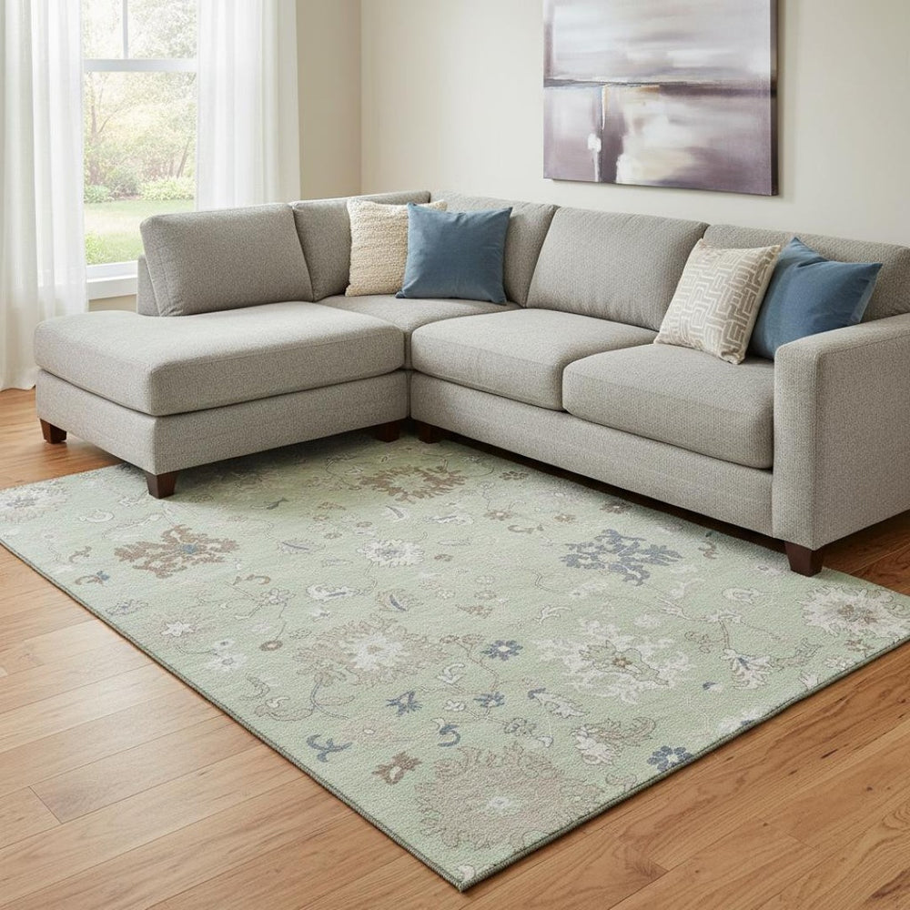 HomeRoots 8' X 10' Artichoke Green Floral Washable Area Rug - Durable, Stain-Resistant, UV-Protected Design 705897