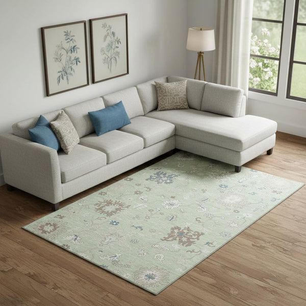 HomeRoots 9' X 12' Floral Washable Area Rug with UV Protection – Durable Artichoke Green & Brown Design for Homes 705898