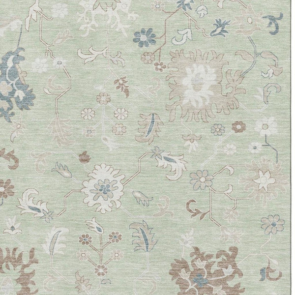 HomeRoots 9' X 12' Floral Washable Area Rug with UV Protection – Durable Artichoke Green & Brown Design for Homes 705898