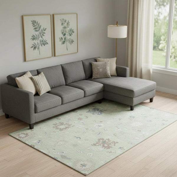 HomeRoots 10' Transitional Floral Area Rug in Artichoke Green, Brown & Blue - Washable, UV Protected & Durable! 705899